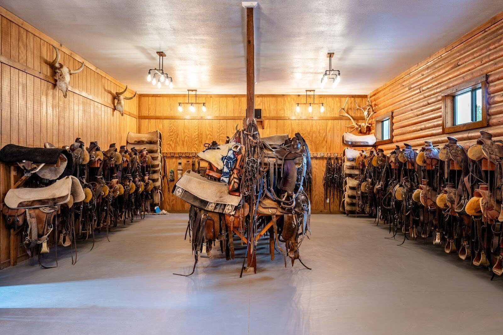 Saddles and bridles arranged inside a wooden tack room.