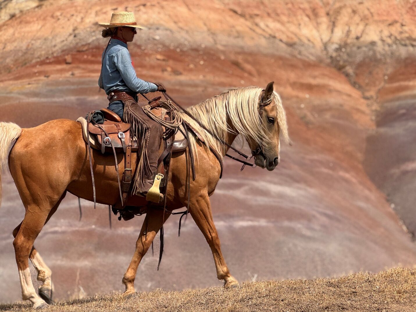 A rider on horseback beside red-rock cliffs