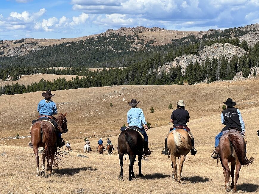 Horseback riders crossing an open mountain meadow