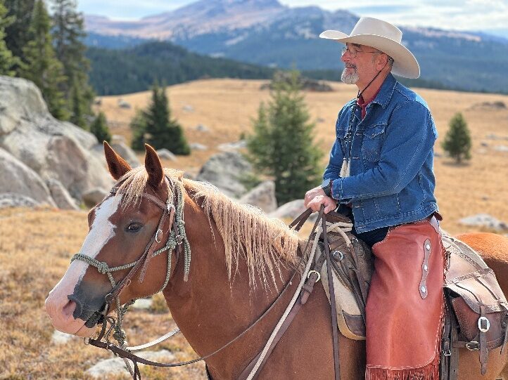A rider on horseback in open mountain country