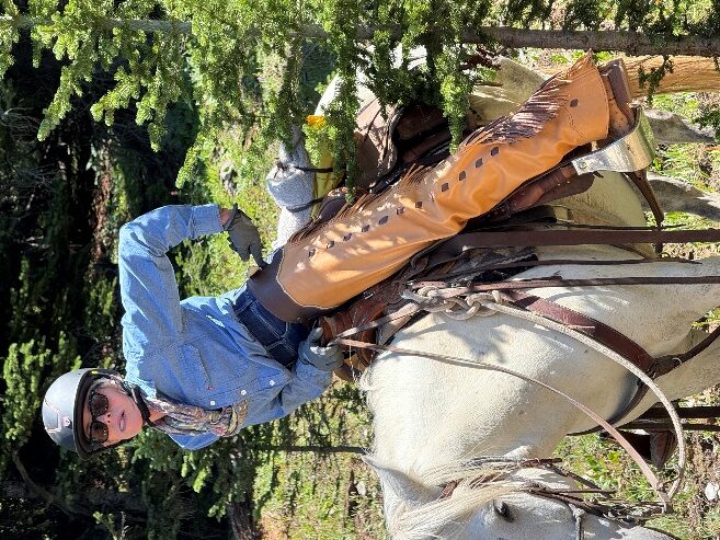 Rider in leather chaps on a light-colored horse beside a leafy tree.