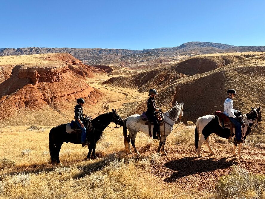 Horseback riders overlooking golden hills and red cliffs.